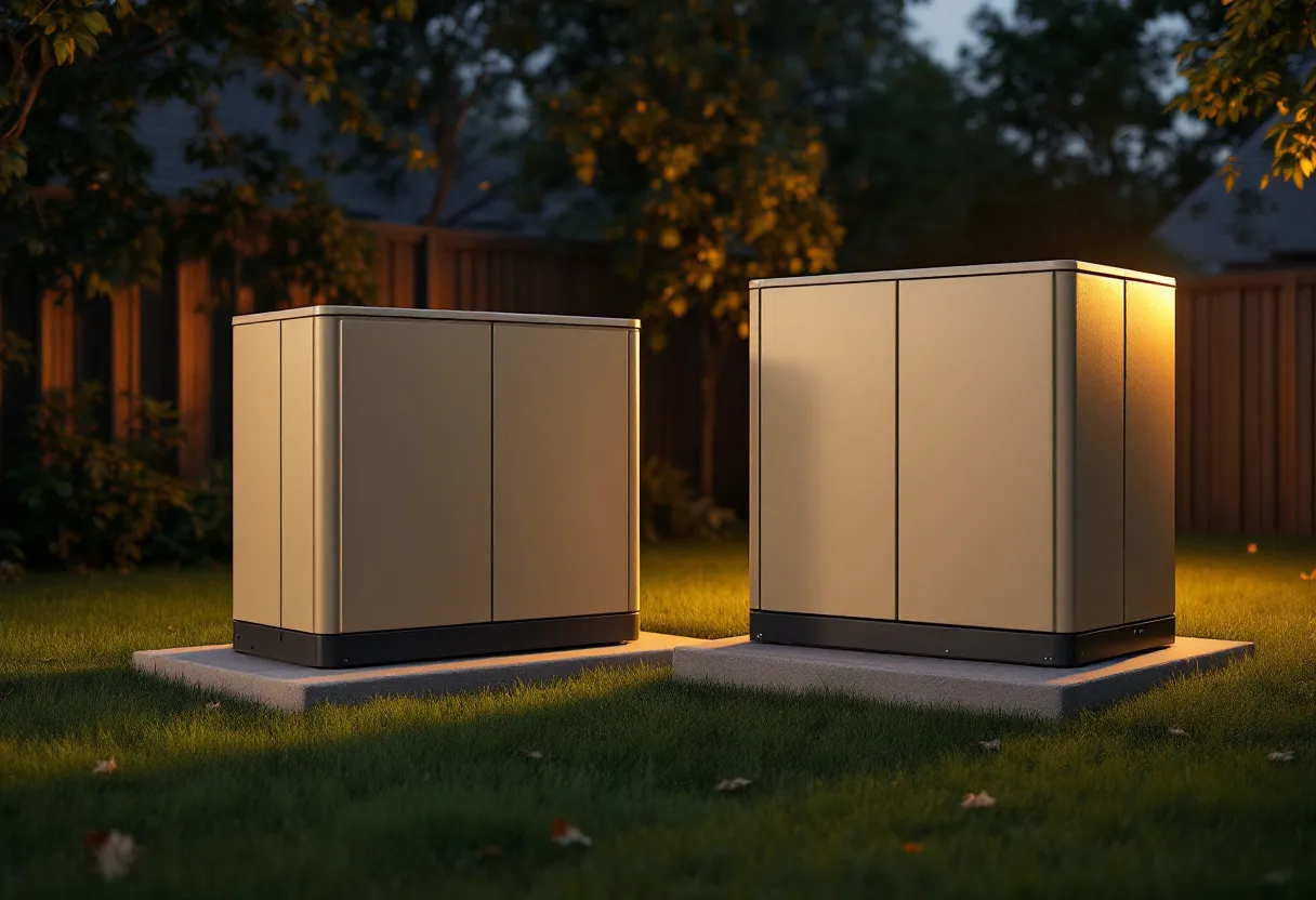 Two unbranded home standby generator enclosures side by side on concrete pads in a backyard