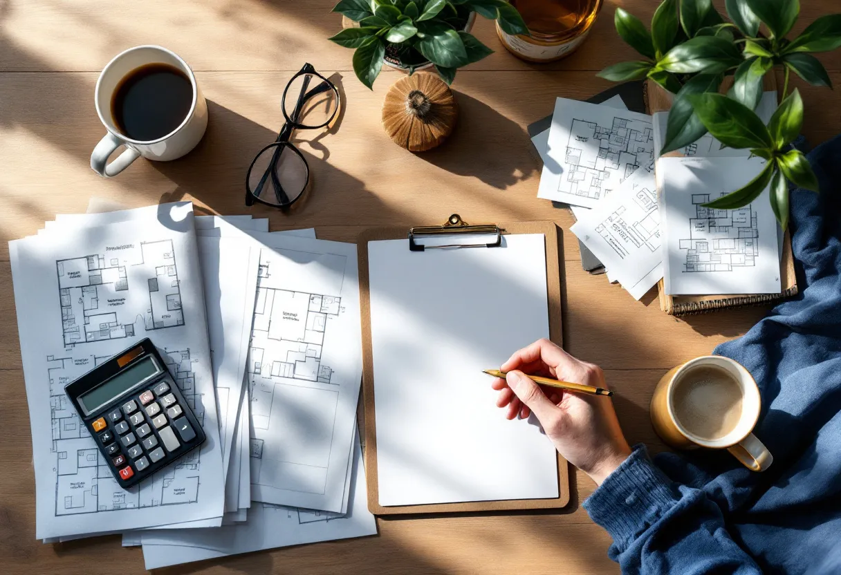 Kitchen table with house plans, a checklist clipboard, and a calculator — planning a generator budget