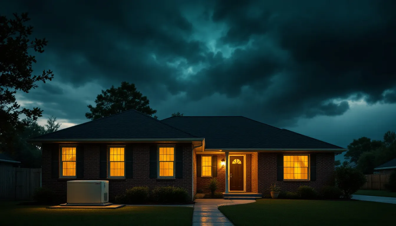 Brick home in North Alabama at dusk under a storm sky, windows lit, standby generator running beside the house