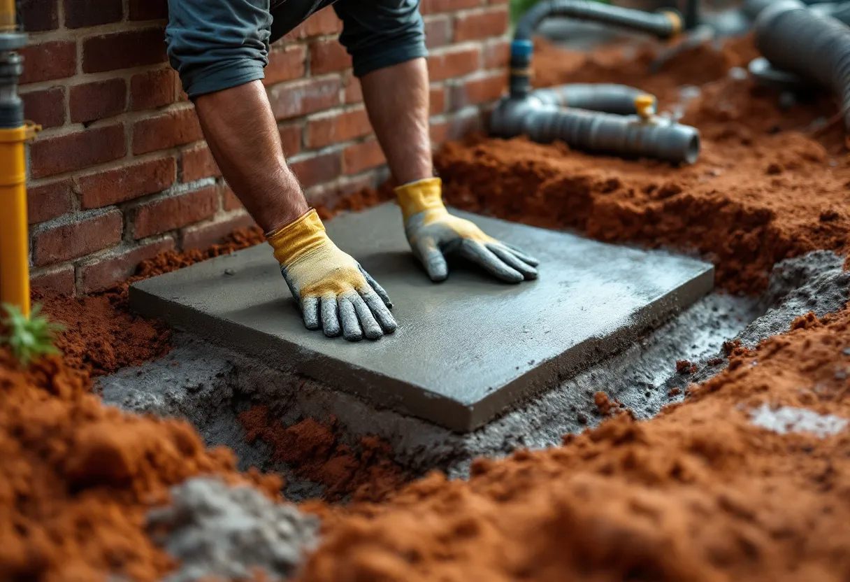 Gloved hands finishing a small concrete generator pad beside a brick wall, gas line trench nearby in red clay