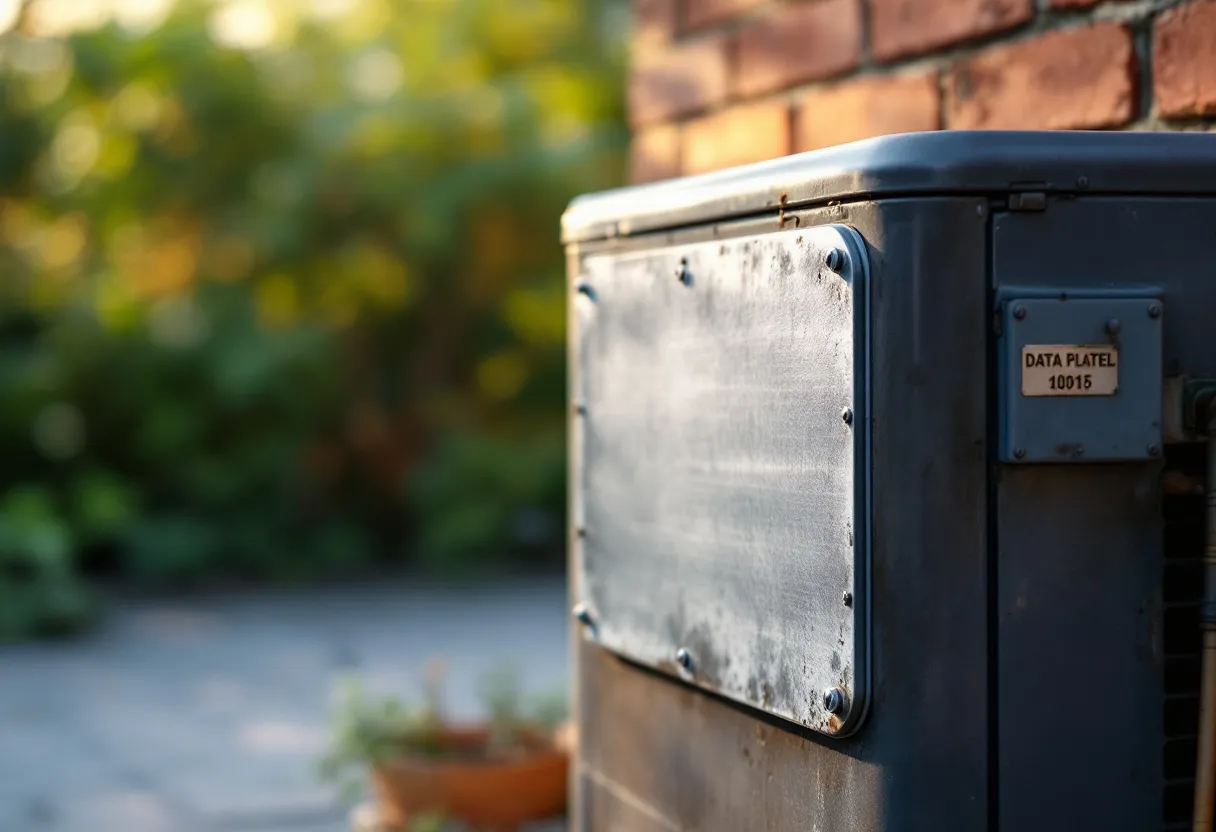 Outdoor air conditioner condenser with its metal data plate — where generator sizing starts